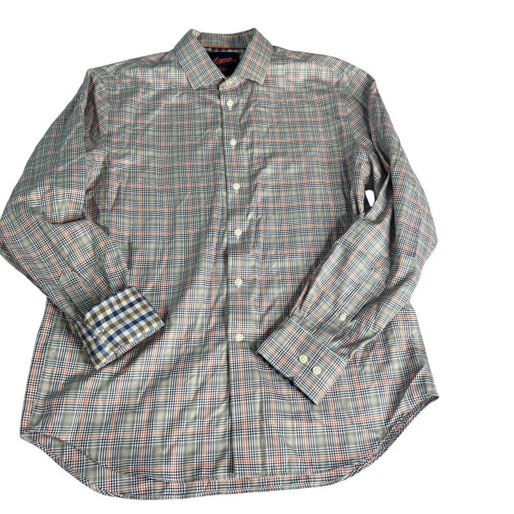 Egara Men's sz Large Orange Blue Plaid Slim Fit Stretch Non Iron Button Up Shirt